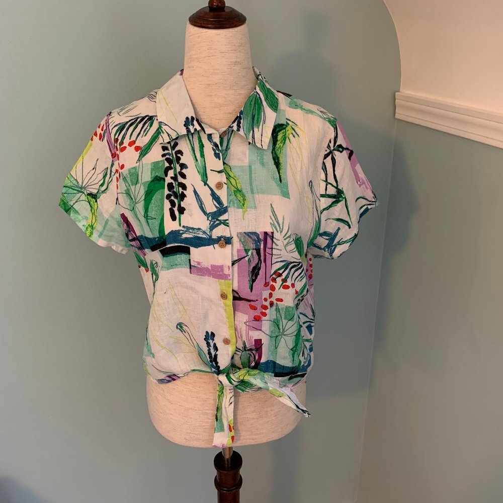Sigrid Olsen 100% Linen Retro Tie Front Shirt